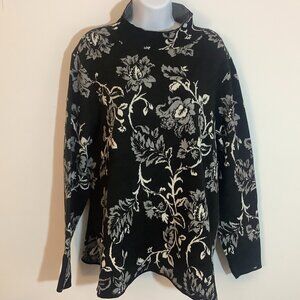 Black White Floral Print High Neck Sweater Appleseeds Women 1X Stretch Business